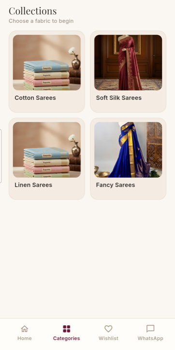 Collections screen with four fabric categories: Cotton, Soft Silk, Linen and Fancy Sarees