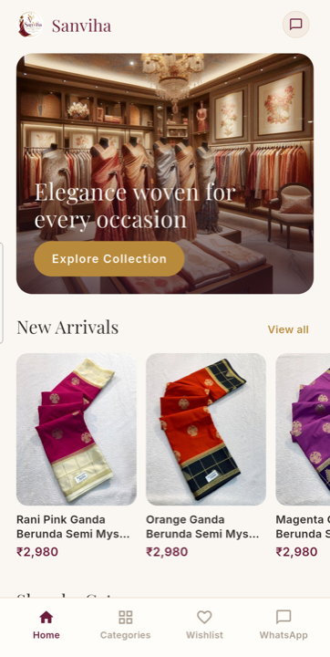 Home screen showing the Elegance woven for every occasion hero banner and a New Arrivals rail of sarees with prices