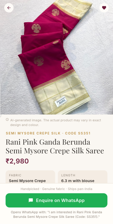 Product detail screen showing a Rani Pink Ganda Berunda semi Mysore crepe silk saree with fabric, length and an Enquire on WhatsApp button
