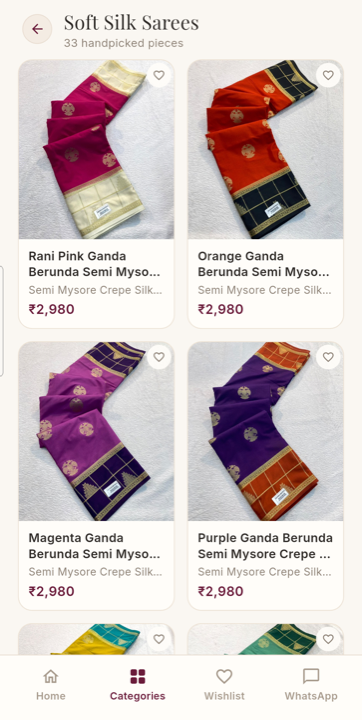 Soft Silk Sarees category grid showing 33 handpicked pieces with prices and wishlist hearts