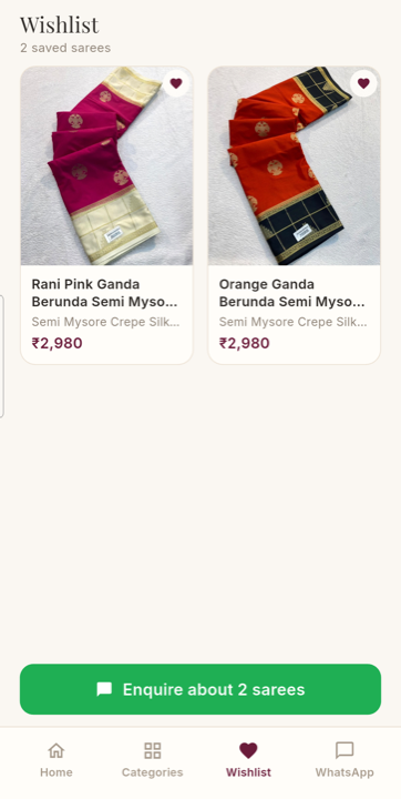 Wishlist screen with two saved sarees and a bulk Enquire about 2 sarees button